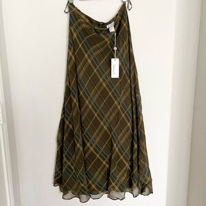 NWT Vintage Spiegel Skirt Women's 12 Maxi Silk Long Plaid Tartan Green Ruffle
